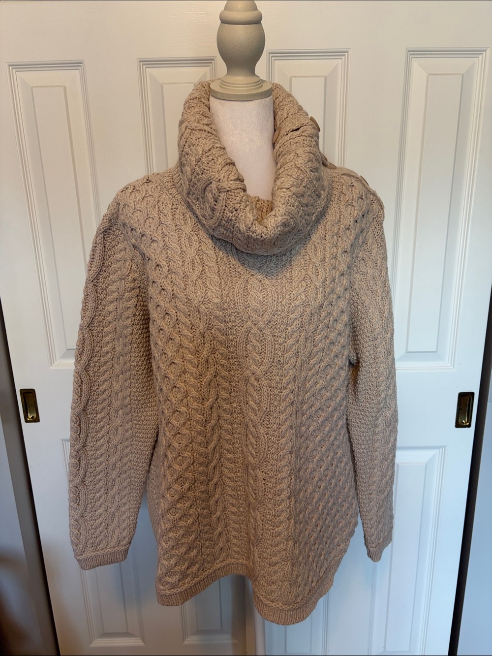 Aran Mor Irish 100% Merino Wool Cable Turtleneck/Cowl Neck Sweater - Beige